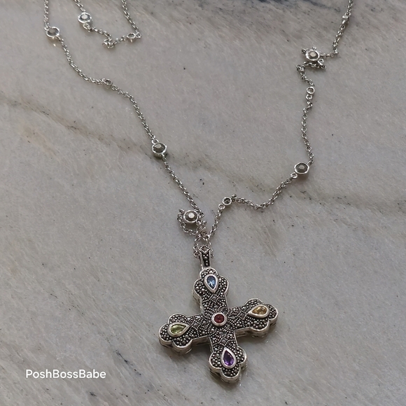 Sterling Silver Marcasite Multi-Gemstone Cross Pendant Necklace – 30" Chain - Picture 2 of 15